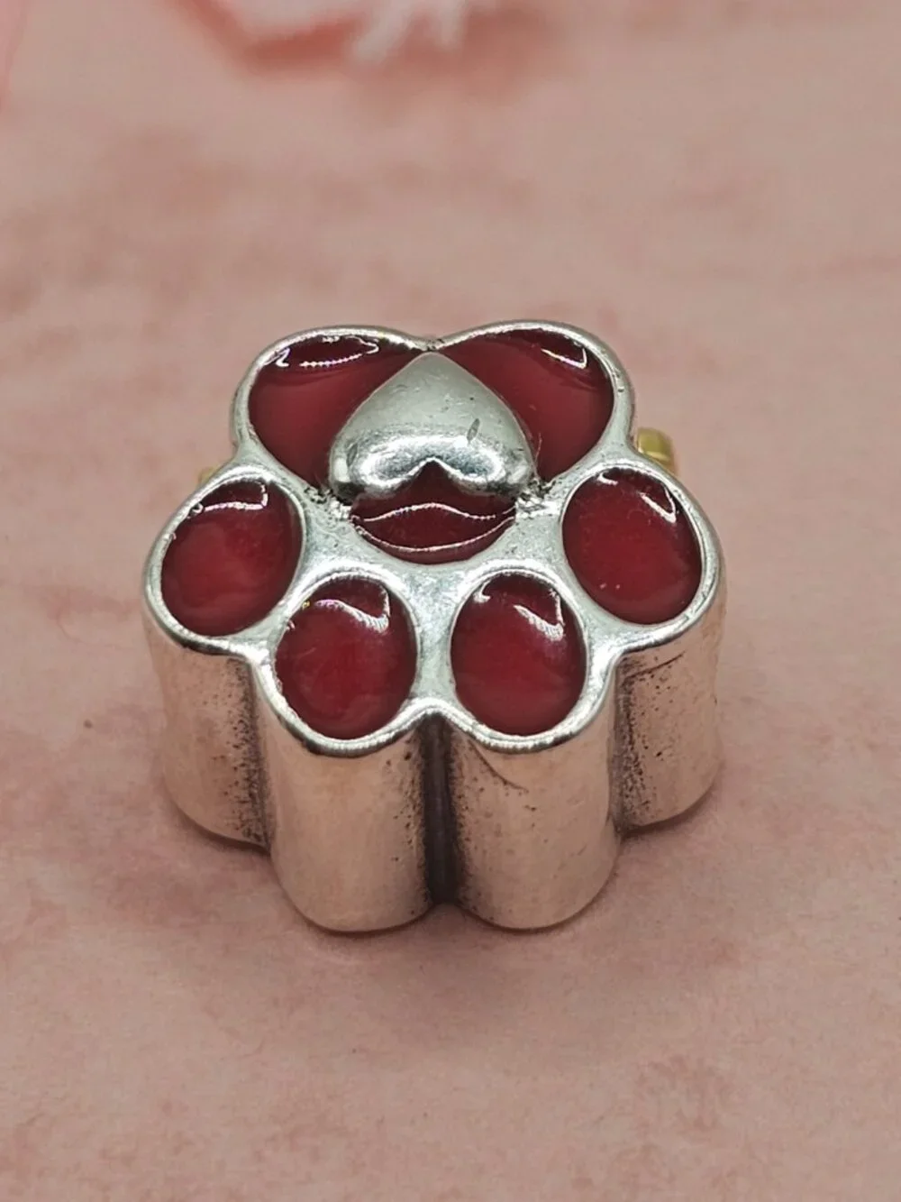Sterling Silver 925 Rhodium Plated Red Paw with Heart and Dangling Love Charm